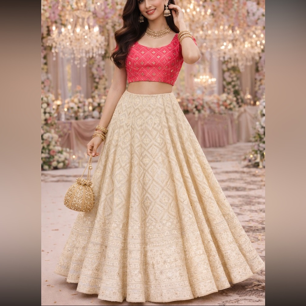 Designer heavy embroidery chikankari Cream and Pink Indian Pakistani lehenga set